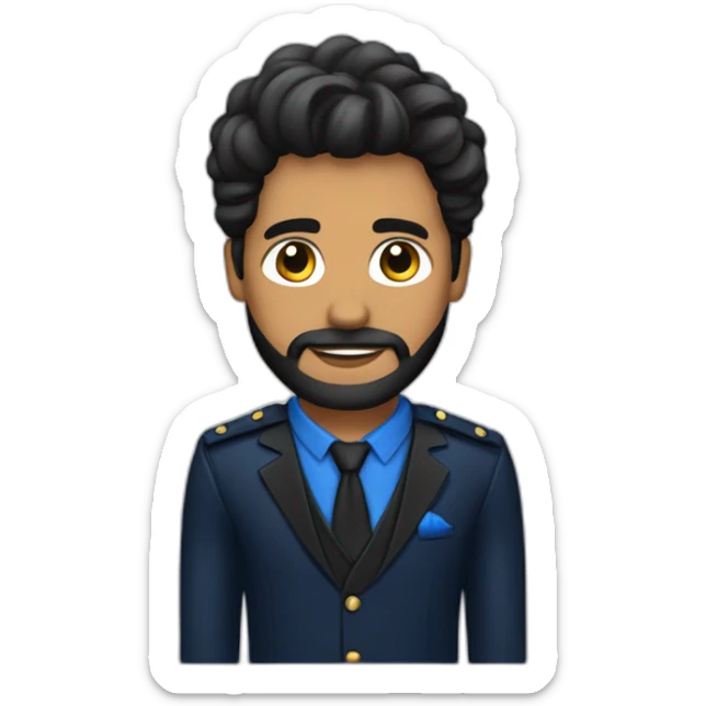Hombre con cabello y barba negro con traje azul marino camisa negra brazos cruzados sticker