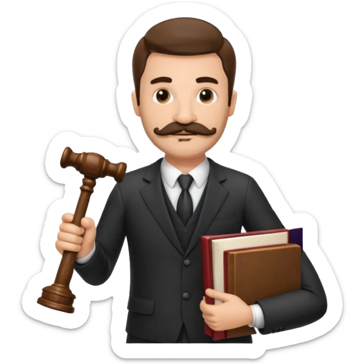 Create a male lawyer. he is wearing a fromal suit jckeret. He is holding a gavel in one hand and a book tucked under his another arm. He has a mustache and BEARD both! sticker