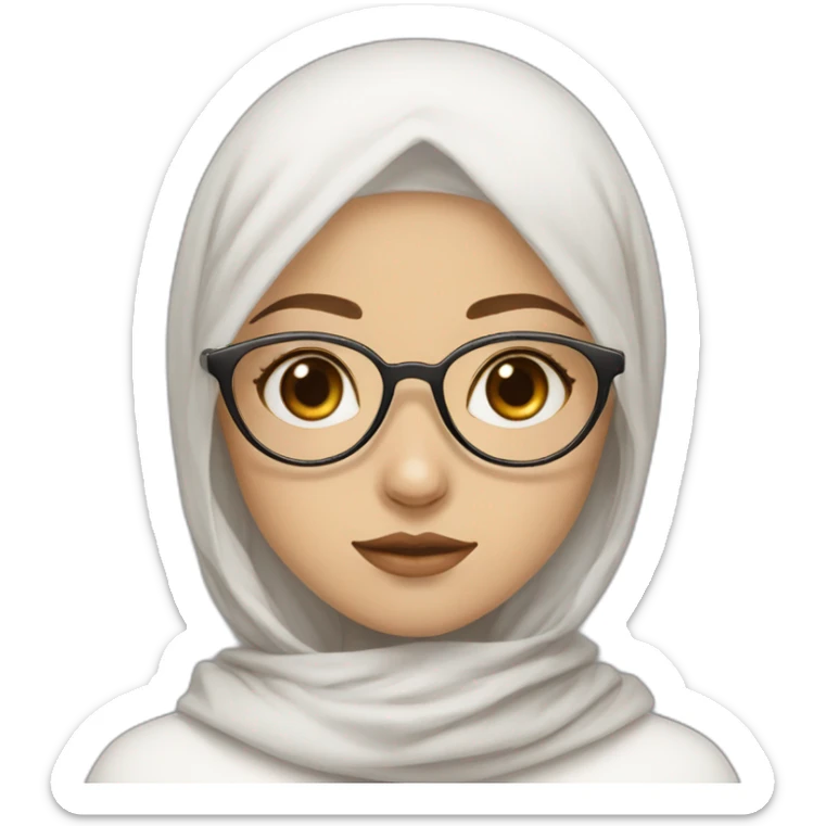 Hijab white fair skin girl brown eyes wearing round circular metal glasses, no make up, small lips,big cheeks, almond eyes, triangle nose sticker