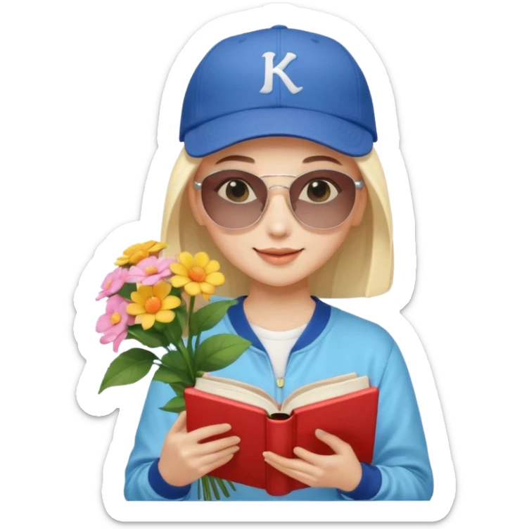 ["A happy girl with light skin, bald, wearing a baseball cap and sunglasses, dressed in K-pop fashion, is reading a book while holding a flower bouquet."] sticker