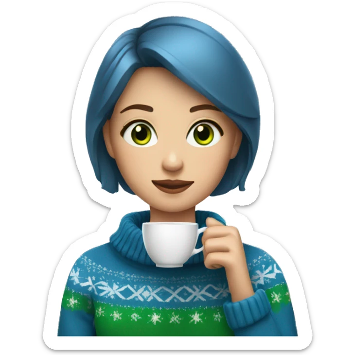 Light brown short haired girl with green eyes drinking coffee wearing blue Christmas sweater sticker