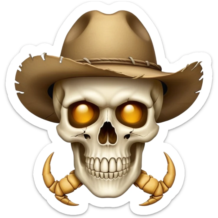A white skull with an imprint of scorpion on the cheek wearing a tattered cowboy hat sticker