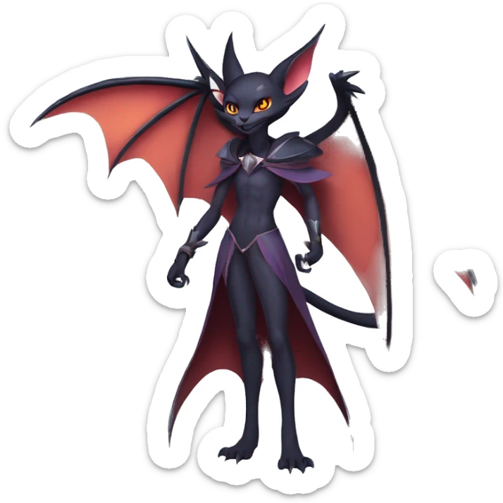  Anthro Kawaii Edgy Cool Vampiric Demonic Beautiful Noivern-Nargacuga-Litten with big Bat Ears and wearing a cape full body sticker