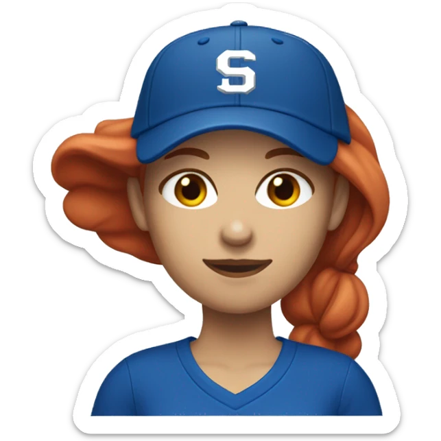 white female coach with red long hair in blue simple t-shirt and with a simple blue baseball hat sticker
