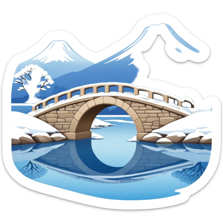 Remnant Snow on the Broken Bridge in Winter, West Lake Hangzhou, simplified emoji style with bold outlines, arch bridge with snow, water below sticker
