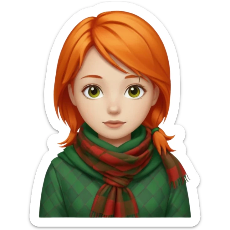 girl orange hair, wear red checkered scarf, green dress sticker