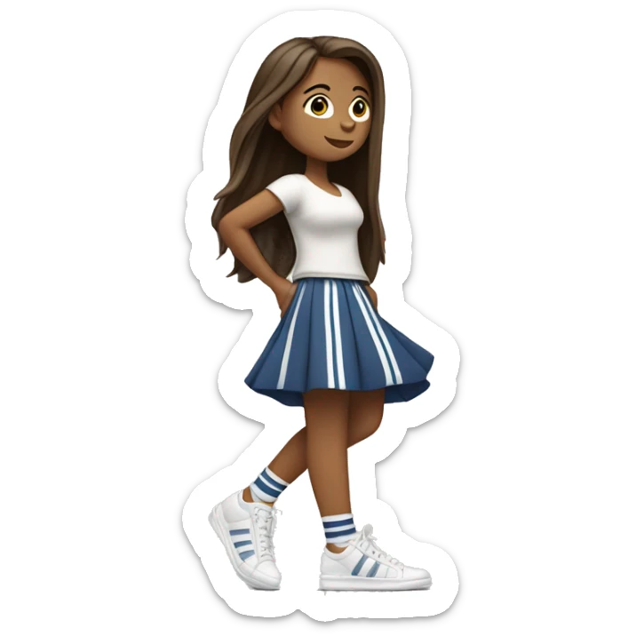 girl with long brown hair and long flowy skirt and sneakers with adodas stripes, from profile,  lifting one leg backward body sticker