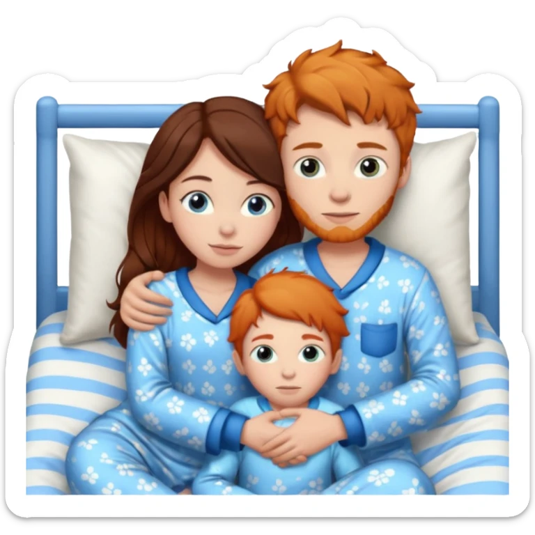 Ginger boy hugging girl with very dark brown hair. Both have blue eyes. They are in bed.  sticker