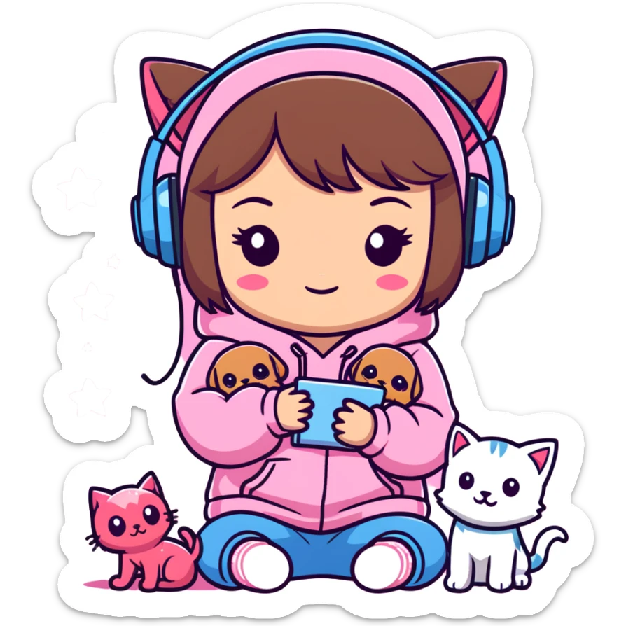 A brown-haired cartoon girl, chibi style, in a pink sparkly hoodie with headphones on, surrounded by hearts, stars, and a puppy and kitten cuddling at her feet. sticker