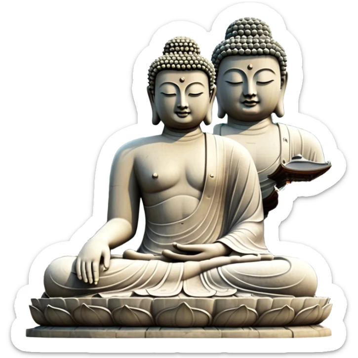 Cinematic Realistic image of the Big Buddha Monument of Sinheungsa Temple, portrayed as a towering, serene Buddha statue carved from weathered stone with intricate details and a gentle meditative expression, set within an ancient temple landscape enveloped in soft, ethereal lighting that underscores its spiritual majesty. sticker