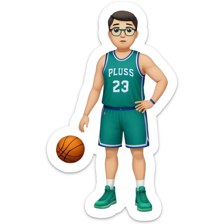 Full Body plus size white male with dark short hair  tall basketball player wearing glasses wearing blue green uniform sticker