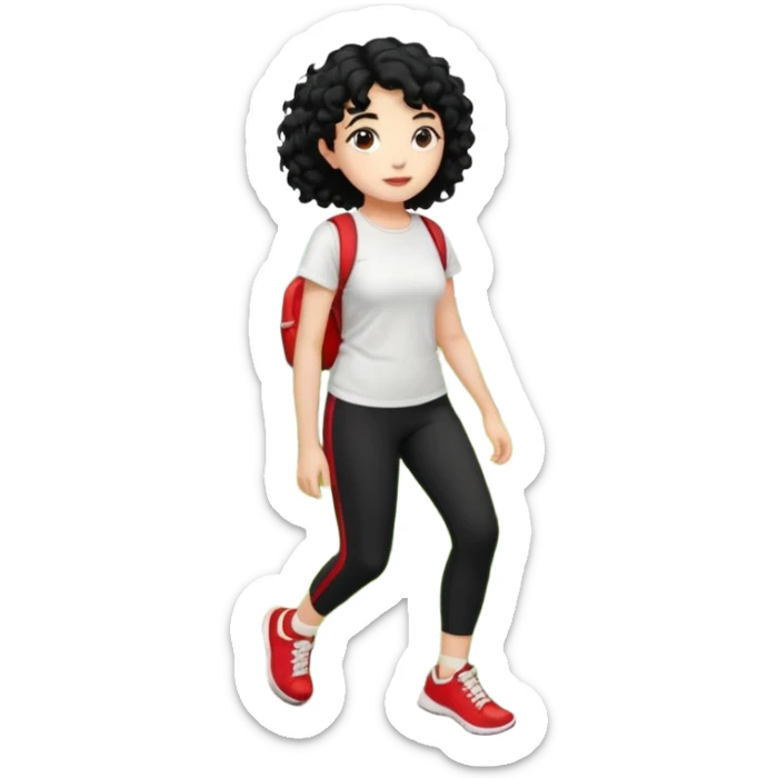 generate a pretty bratz fair skinned girl with curly black hair wearing a white tshirt trekking on a hill with red sneakers on and black leggings sticker