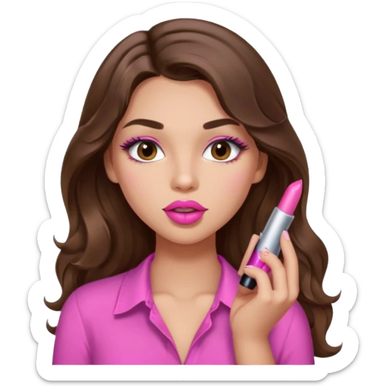 girl with long wavy brown hair, brown eyes, light to medium complexion, in a pink sexy shirt, pink lips, long lashes, puckered lips, putting on lipstick sticker