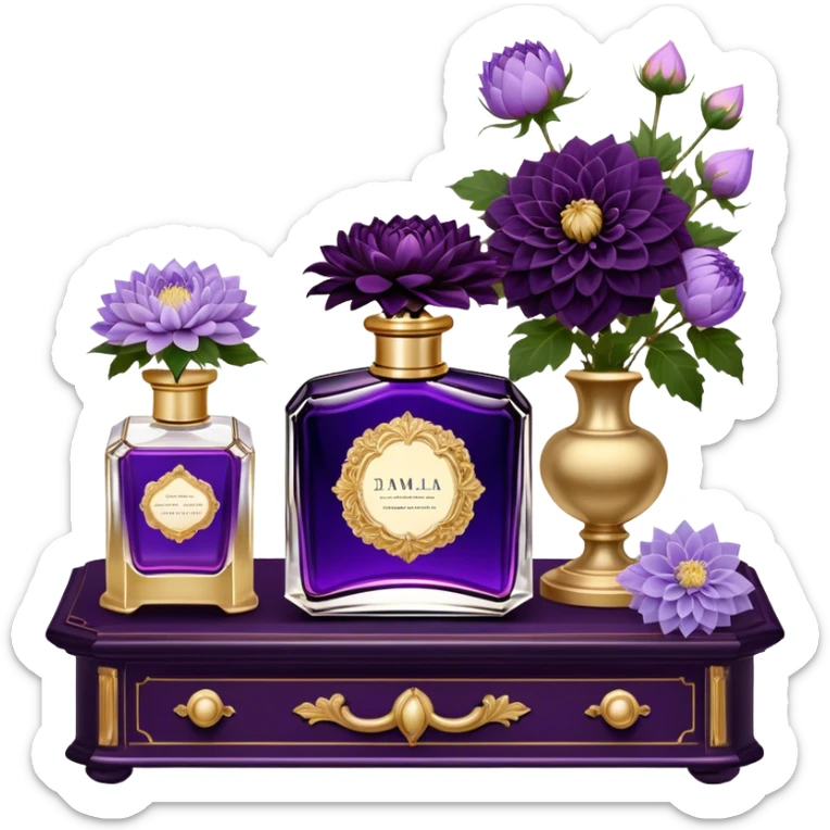 A dark amethyst vintage French-style perfume bottle with intricate golden detailing rests elegantly on an antique vanity. Surrounding it, delicate periwinkle dahlias and soft lavender sprigs add a touch of romantic charm. The glass reflects a warm glow from a nearby candle, enhancing its deep violet hues. The scent of aged vanilla and floral notes lingers in the air, evoking an aura of timeless elegance. sticker