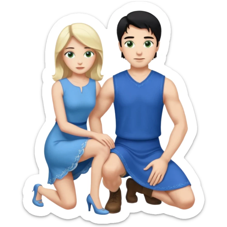 prince, upright, black Hair, blue eyes, blue garment,  Woman, blonde Hair, Green eyes, bending knee, sleveless White Dress, sticker