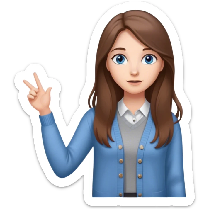 a young woman with long brown hair and blue eyes, with a in a cute gray cardigan and presenting on a white board sticker
