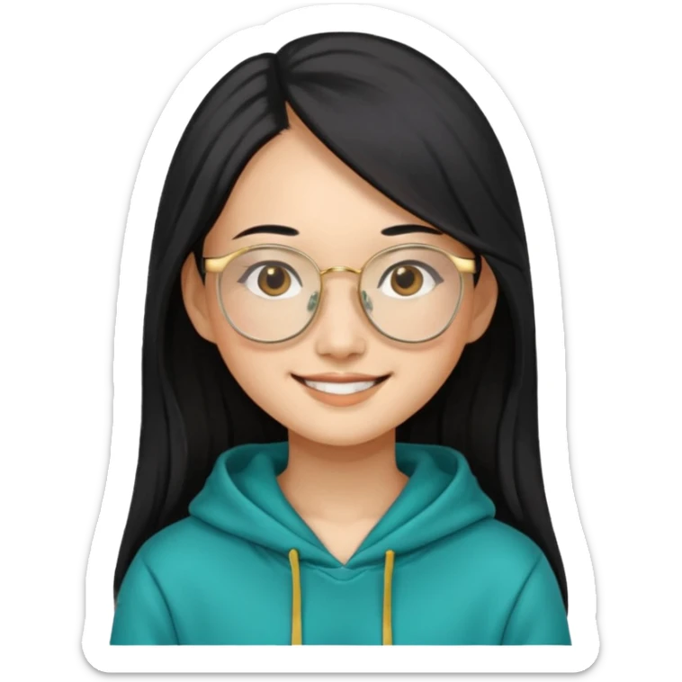 generate a smiling chinese female with long black hair, golden rim glasses, and a teal hoodie sticker