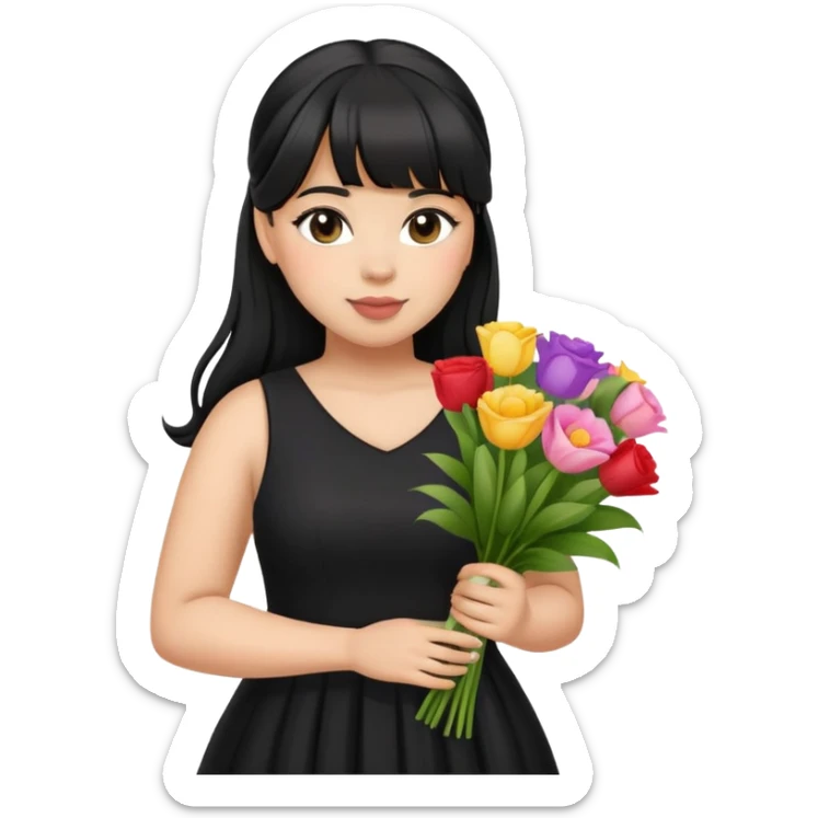 Latina girl with bangs black long hair in pony tail plus size black dress holding a bouquet of flowers  sticker