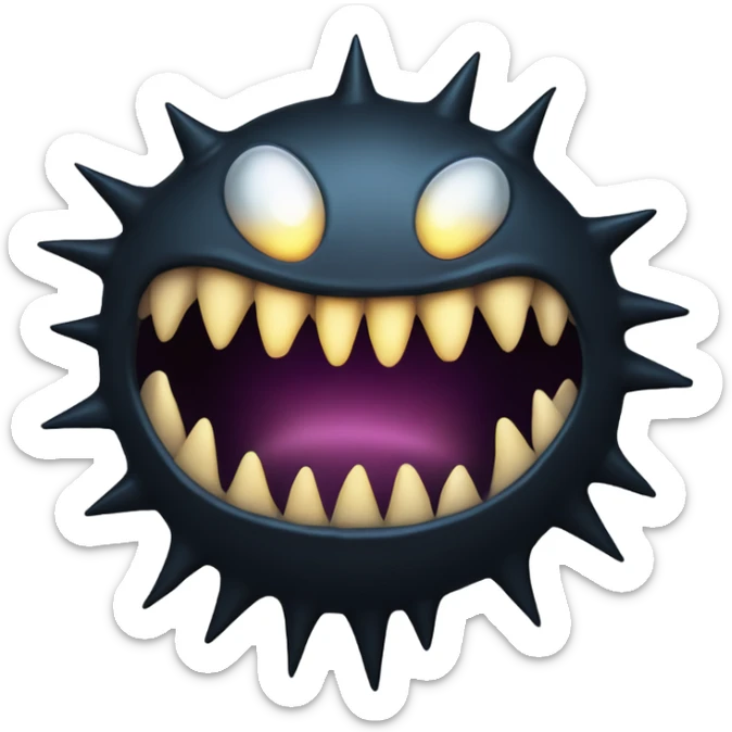 a stylized, ominous organic shape resembling a spiked, toothy mouth or maw surrounded by four glowing circular lights. The maw appears to be dark and ridged, with sharp, fang-like protrusions inside. sticker