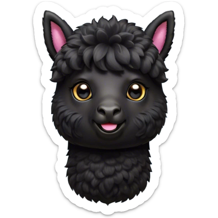 Cinematic Cute Black Alpaca Portrait Emoji, Head tilted playfully and inquisitively, featuring a plush, shiny jet-black fleece with a lustrous sheen, round, sparkling dark eyes filled with curiosity, Simplified yet irresistibly adorable features, highly detailed, glowing with a warm, friendly glow, high shine, affectionate and gentle, stylized with a touch of whimsy, bright and endearing, soft glowing outline, capturing the essence of a mischievous yet loving alpaca, so playful it feels like it could prance out of the screen and into your arms! sticker