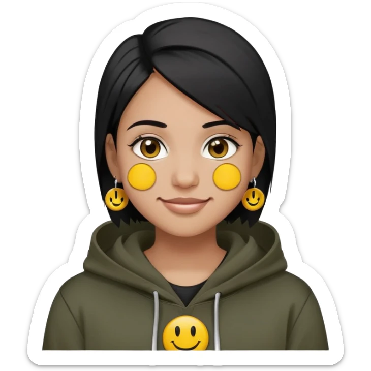 person with military cut black hair, brown eyes, wearing 2 circle earrings and a black hoodie with a smiley face sticker