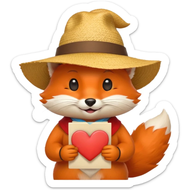 fox character, orange with white belly and fluffy tail, wearing a small festa junina accessory like a straw hat or bandana, holding a love letter with a heart on it, big heart eyes, cute affectionate smile, minimal background, emoji-style proportions, shiny and smooth Apple-like finish sticker
