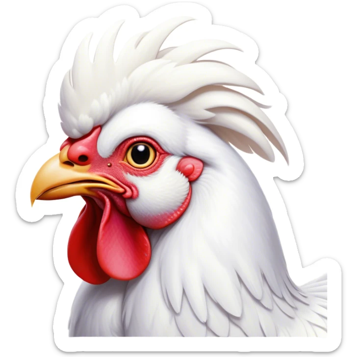 Cinematic Noble White Rooster Portrait Emoji, Poised and regal, with a robust, commanding build and a pristine, well-groomed pure white plumage, deep-set soulful piercing eyes, Simplified yet sharp and sophisticated features, highly detailed, glowing with a soft, dignified glow, high shine, intelligent and proud, stylized with an air of barnyard majesty, focused and attentive, soft glowing outline, capturing the essence of a watchful and confident leader, so majestic it feels as though it could crow out of the screen with effortless authority! sticker