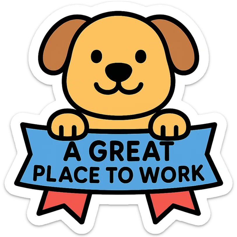 dog holding a ribbon with the text 'a great place to work' written in blue, lineal color icon with black outlines sticker