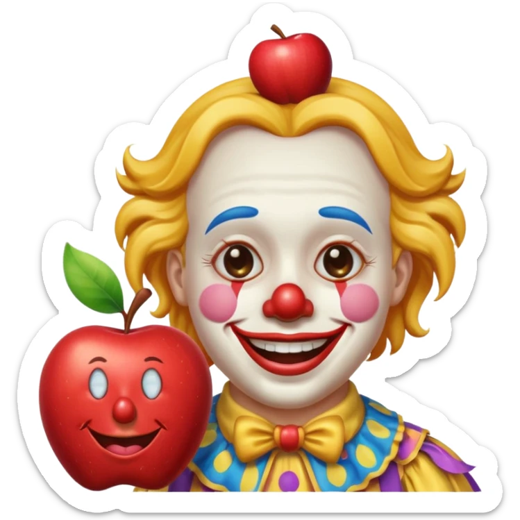 a crying but smiling and showing a peace sign clown face riding a horse, make it native to apple emoji style, the horse and the clown both emoji should match apple's style. sticker