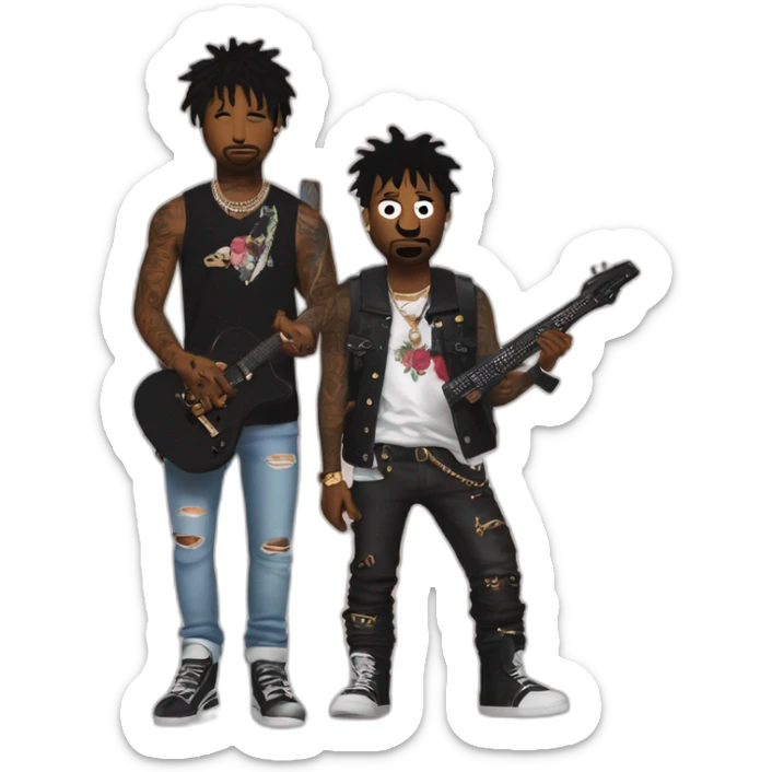 21 savage with him tattos and a gun in hand next to kurt cobain with guitar sticker
