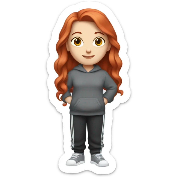 a white girl with red hair wearing lose grey sweats with a black sweater with white and grey lines  sticker
