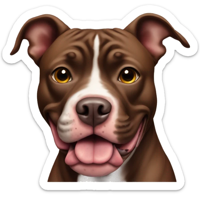 American pit bull dog, the colour of the dog is chocolate tiger, he sits and looks forward. The ears are cut off, the mouth is open, the tongue is sticking out sticker