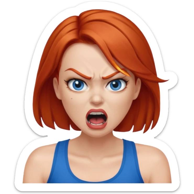 mujer pelirroja con los ojos y los labios maquillados enojada gritando con musculosa azul sticker