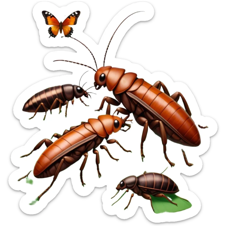 Close-up of giant Madagascar hissing cockroaches, butterflies, and stick insects in their natural habitat. The insects are shown in detail, highlighting their unique textures and colors, surrounded by plants and leaves. Soft lighting to enhance their features. Transparent background. sticker