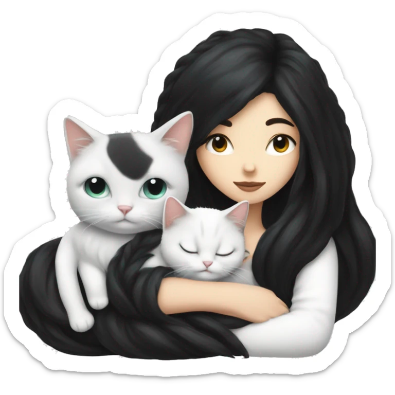 A pretty white girl with very long black hair and sleeping curled up to a white cat  sticker