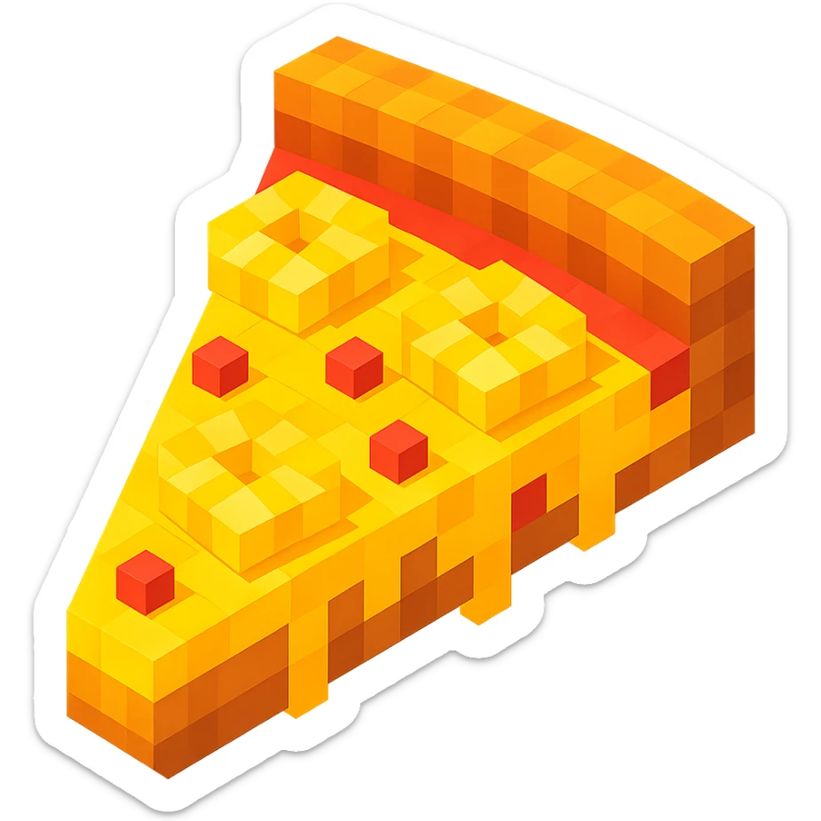 voxel style pizza with pineapple and extra cheese, with a side view sticker