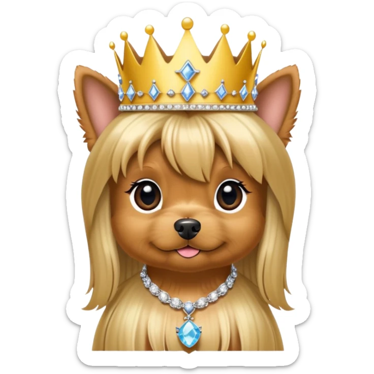 Yorkie pup long hair with bling necklace and princess crown  sticker