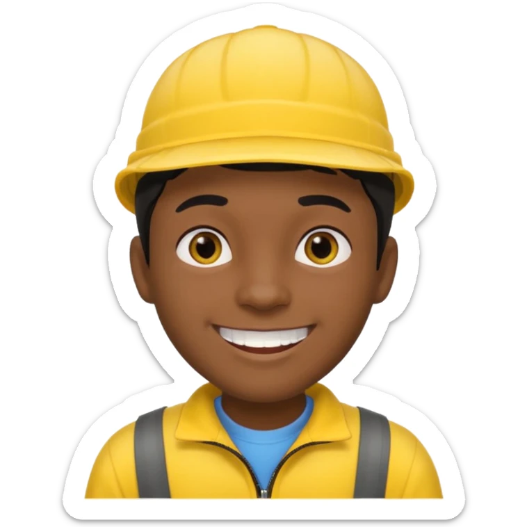 A man with dark skin tone, wearing a bright yellow cap, short black hair mostly covered by the cap, large brown eyes, and a wide smile showing his teeth. sticker