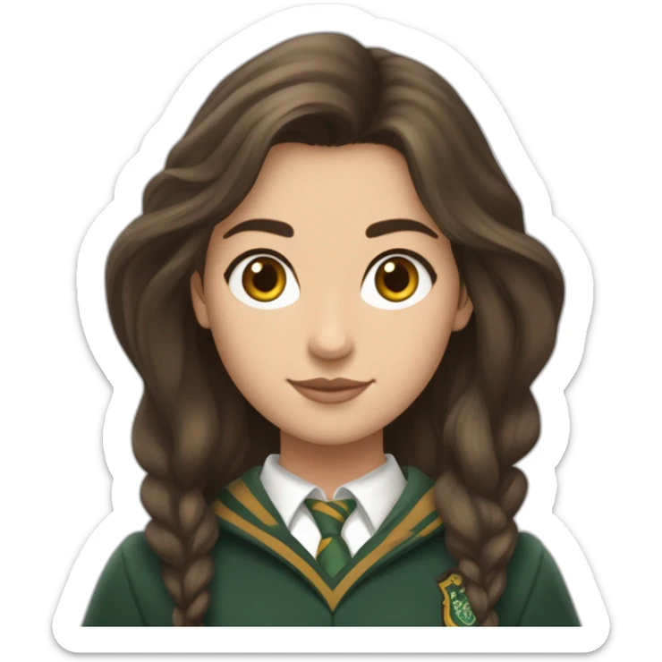 Fille brune aux yeux marron blanche de peau et cheveux détachés avec une tenue de la maison serpentard dans Harry potter sticker