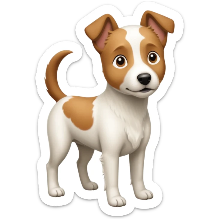a full body large white parson russell looking dog the size of a kelpie with light brown flapped down ears and a light brown patch on one eye and a large snout sticker