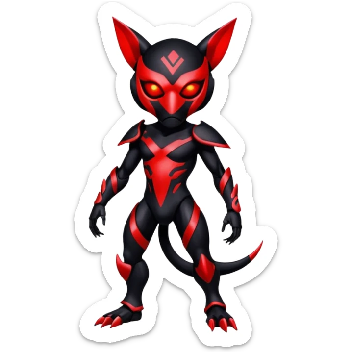 Black shiny alloy Cyber-Lombax-Fakémon-creature with dark black mask and shiny glowing neon red markings (full body) sticker