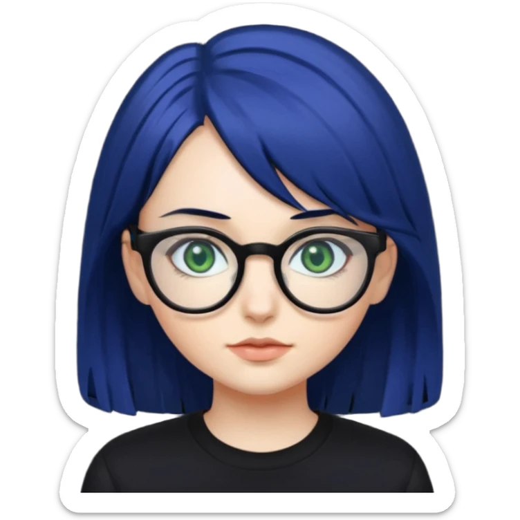 A girl with dark blue hair, glasses and green eyes, wearing black clothes  sticker