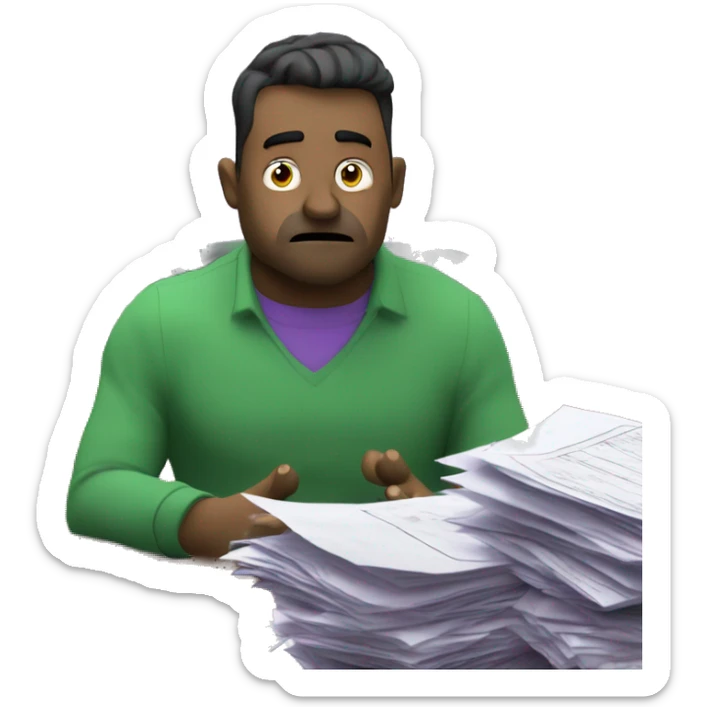 CISO in green/purple branding looks at his screen, frustrated and worried. In the background, piles of papers and reports are overflowing his desk. sticker