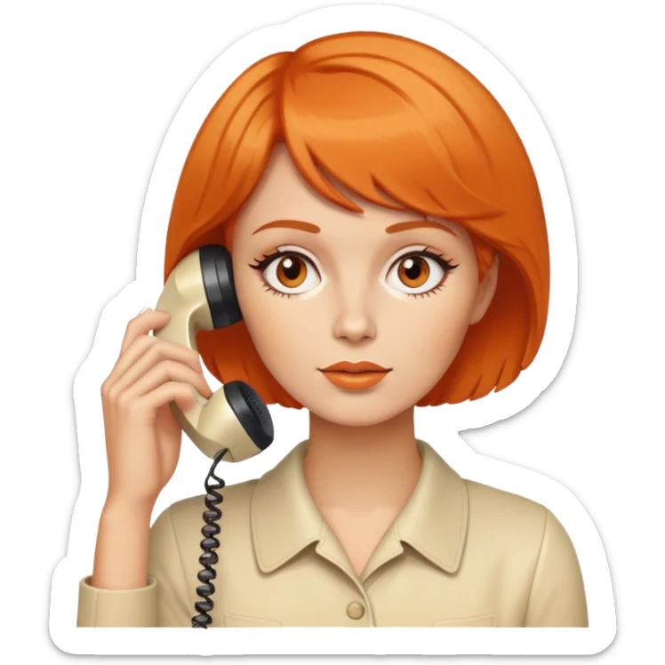 upper body of a woman with short orange hair talking on a white 70s phone sticker