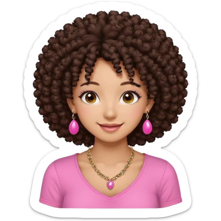 Naturally tan skin girl short darkBrown curly afropink shirt long lashes earrings necklace Brown eyes gyaru smiling closed mouth cute sticker