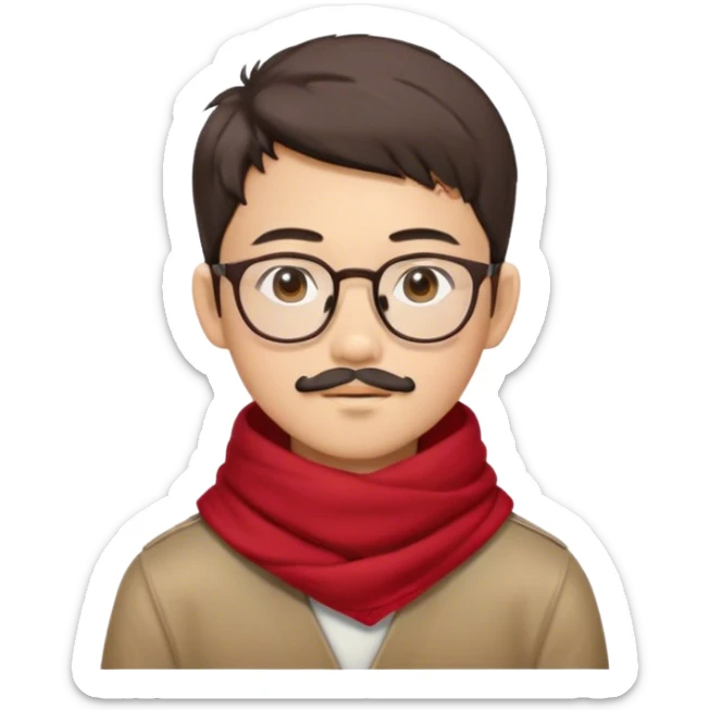 An Asian boy with glasses, Korean boy haircut, a little mustache, brown goatee, brown eyes and an earring on his left ear dressed in a red scarf sticker