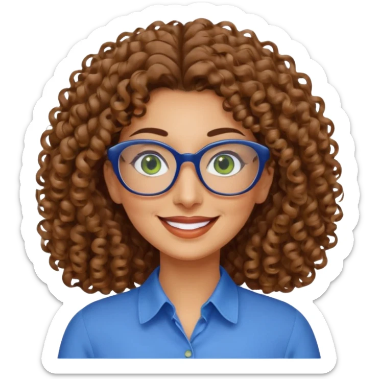 40 yr old Iranian woman, light brown very curly thick hair, shoulder length hair, green eyes, tan skin, big smile, big glasses, with pretty blue blouse sticker