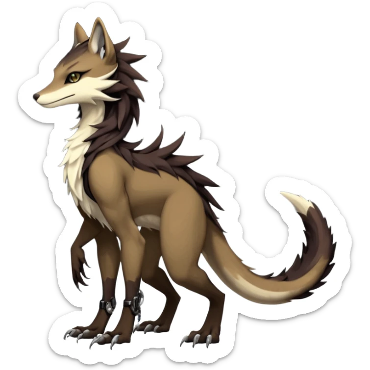 Brown and beige badass elegant wild beautiful natural badass futuristic epic exotic anthro modern furry cyborg-sergal-vernid-creature, full body, dark-brown-black-gradient pretty hair, with a long tufted tail, aesthetic, art by LiLaiRa, art by art by Falvie sticker