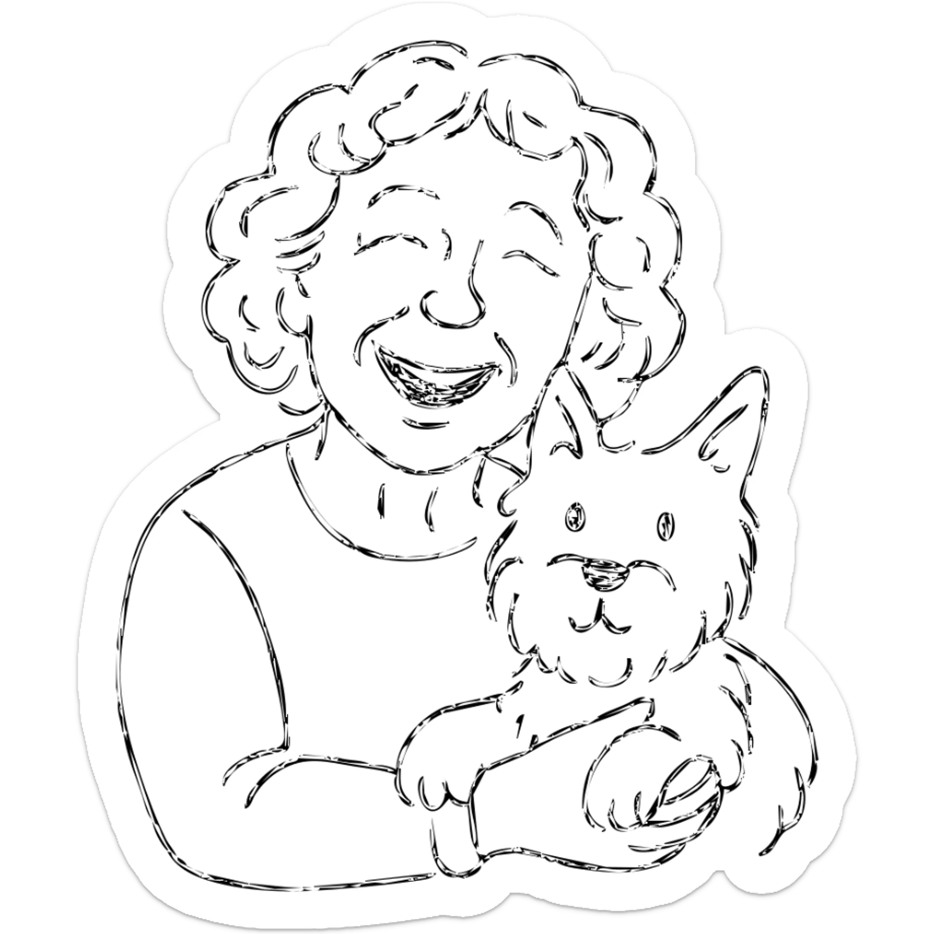50-year-old woman with silver curly hair, laughing, holding a Westie dog, hand drawn outlined icon sticker