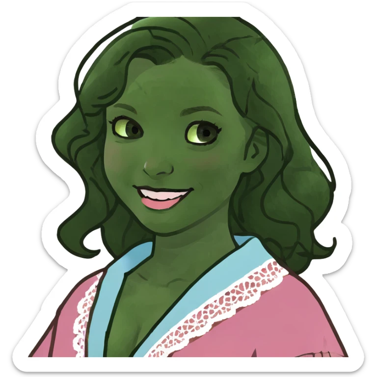 apple-emoji a girl with dark brown wavy hair just below her shoulders, with blue eyes, full lips, pink cheeks, plump skin, in a lace blue robe with a smile. sticker